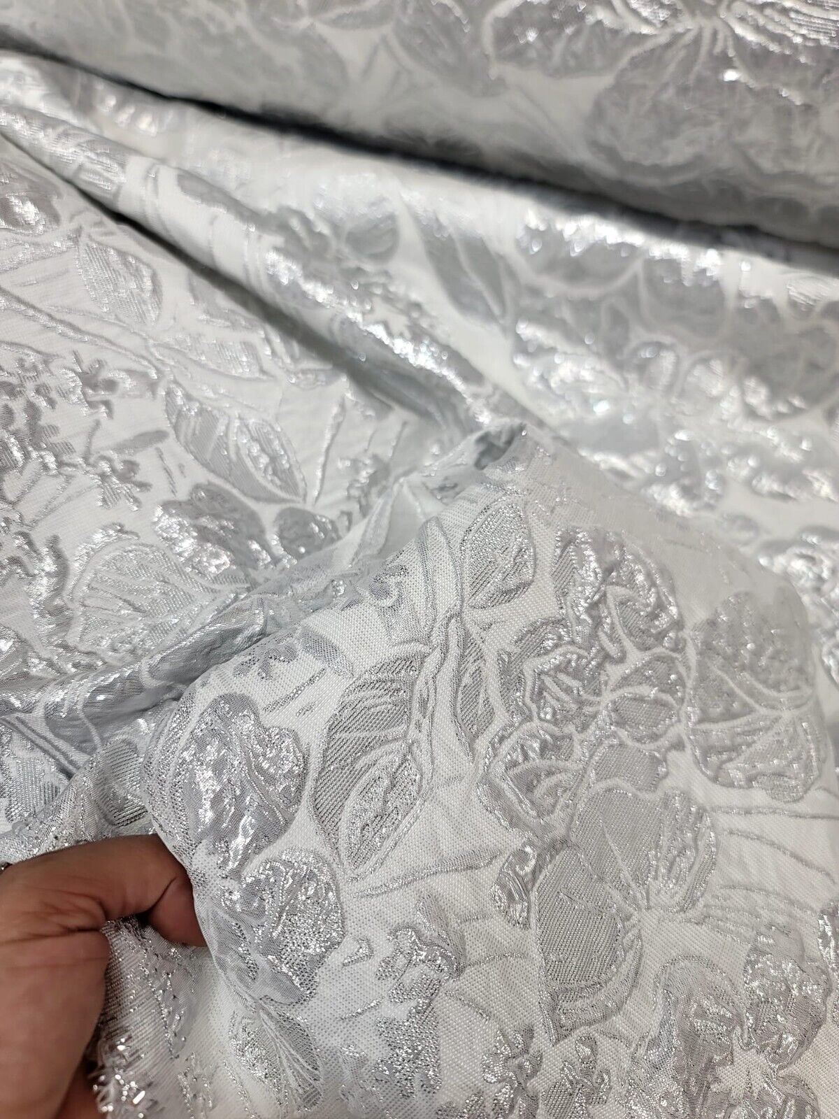 WHITE SILVER Floral Brocade Fabric 60" Sold By The Yard Embossed Flowers Bridal