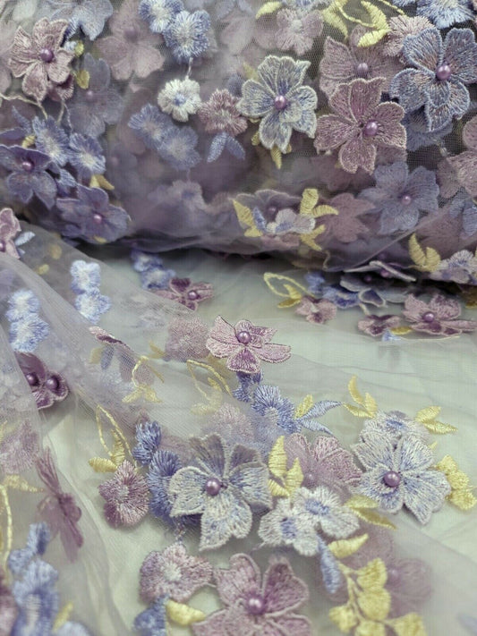 Multicolor Embroidered Lace Lavender 3D Floral Flowers Fabric By the Yard - Perfect for Gowns and Elegant Attire