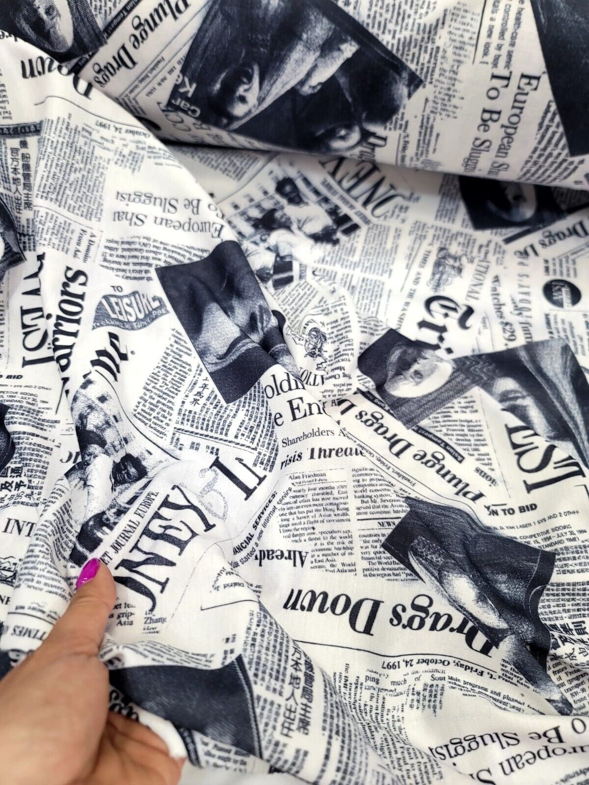 Newspaper Weekly Newsprint Cotton Fabric - Black and White - Sold by the Yard
