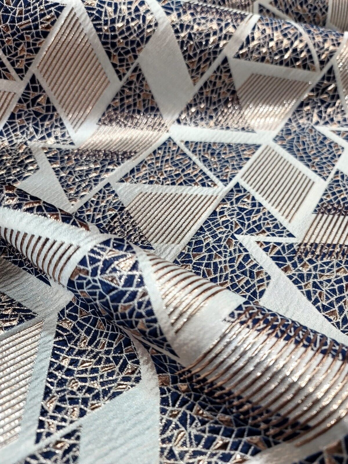 Navy Blue and Gold Metallic Geometric Triangle Brocade Fabric - Sold by Yard - Perfect for Fashion, Upholstery, and Elegant Creations
