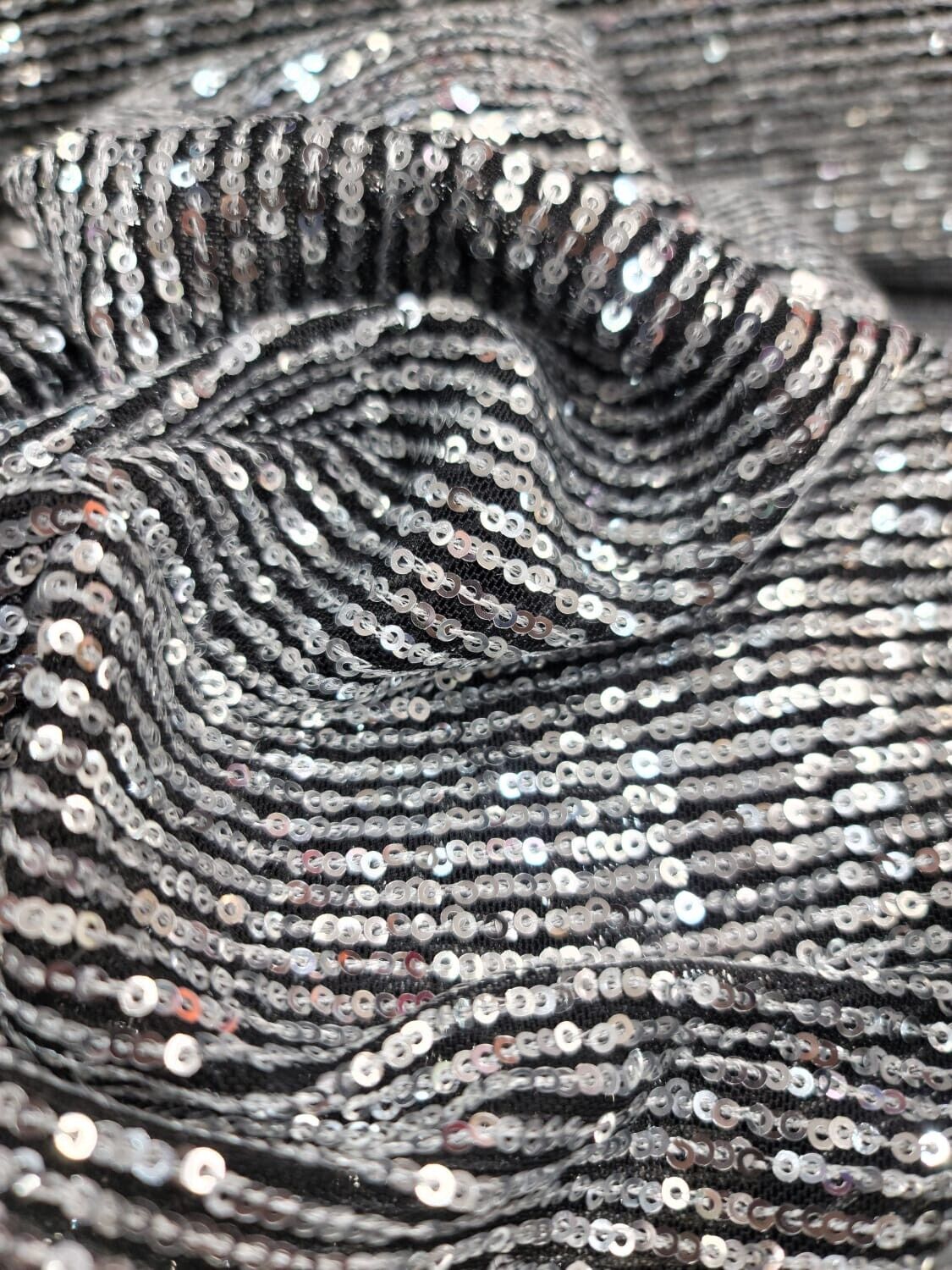 Silver Sequin Fabric on Black Stretch Mesh - 3MM Glitz Mini Sequins - Sold by the Yard