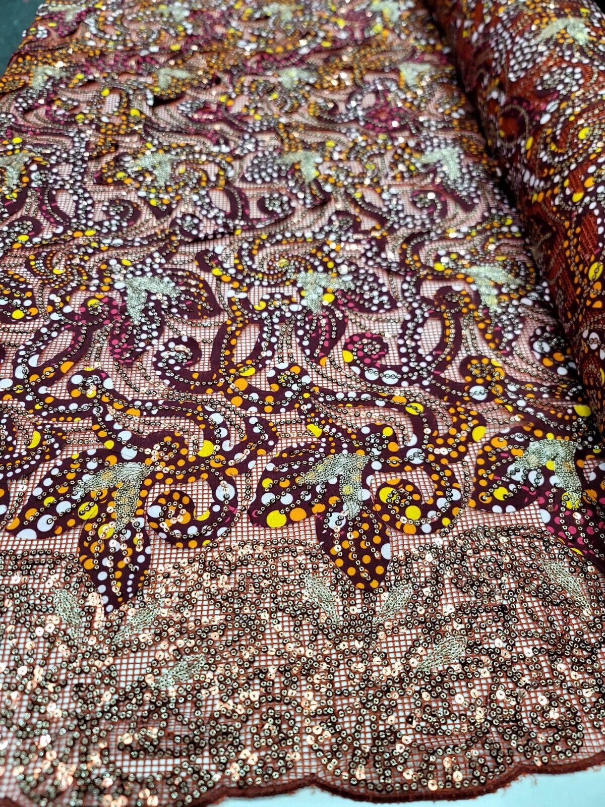 Maroon Sequins Embroidery Fish Net African Lace Fabric 50” W Sold By The Yard