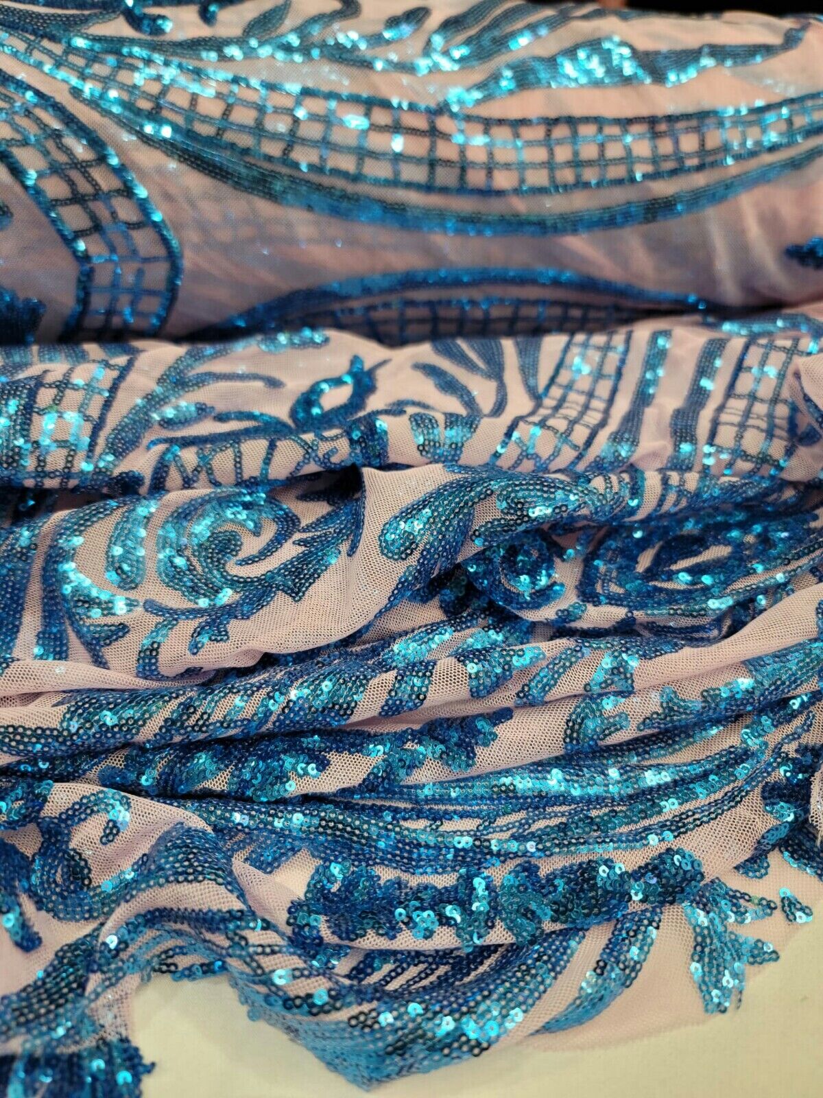 Royal Blue Sequin Lace Fabric By The Yard with Pink Four Way Stretch Mesh - Perfect for Prom and Bridal Wear