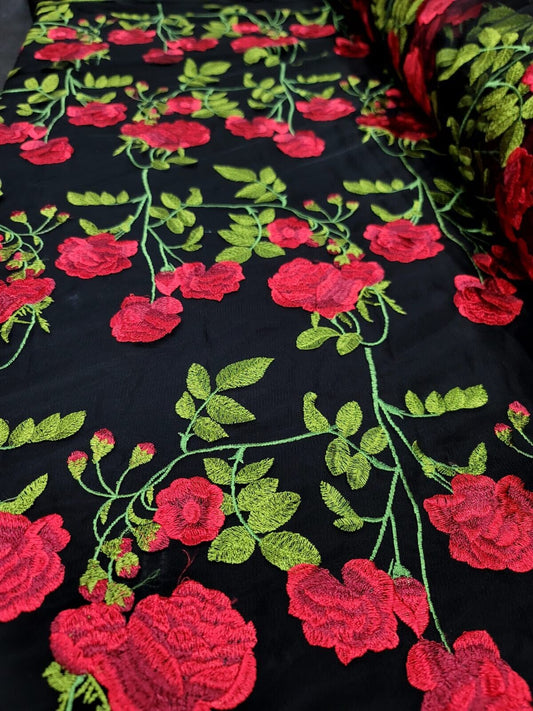 Black Lace Fabric with Red and Green Flower Embroidery - Stunning Floral Design on Elegant Black Mesh - Sold by the Yard