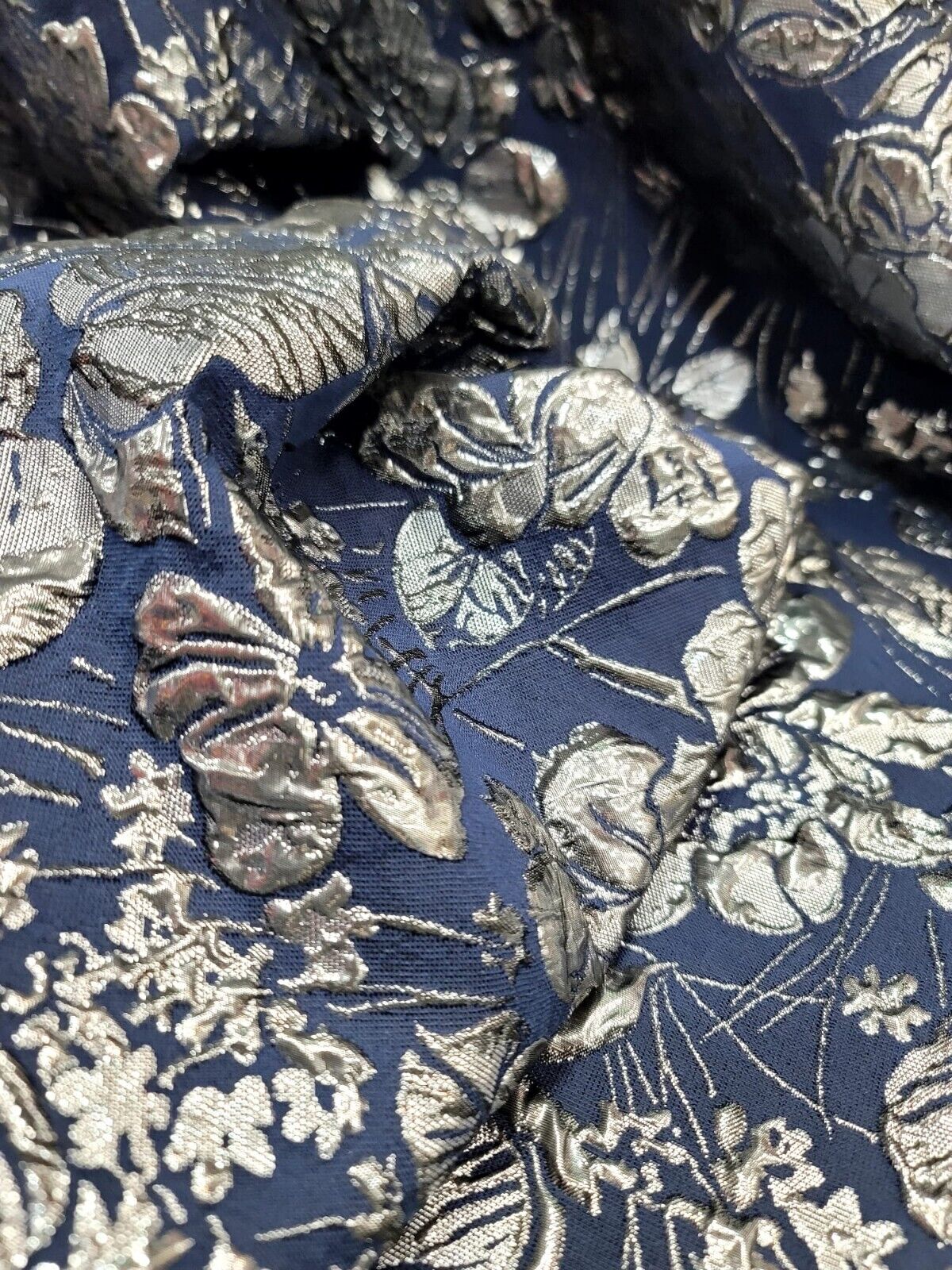 Navy Blue Brocade Silver Floral Prom Fabric - Sold By The Yard - Gown Quinceañera (60” Width)