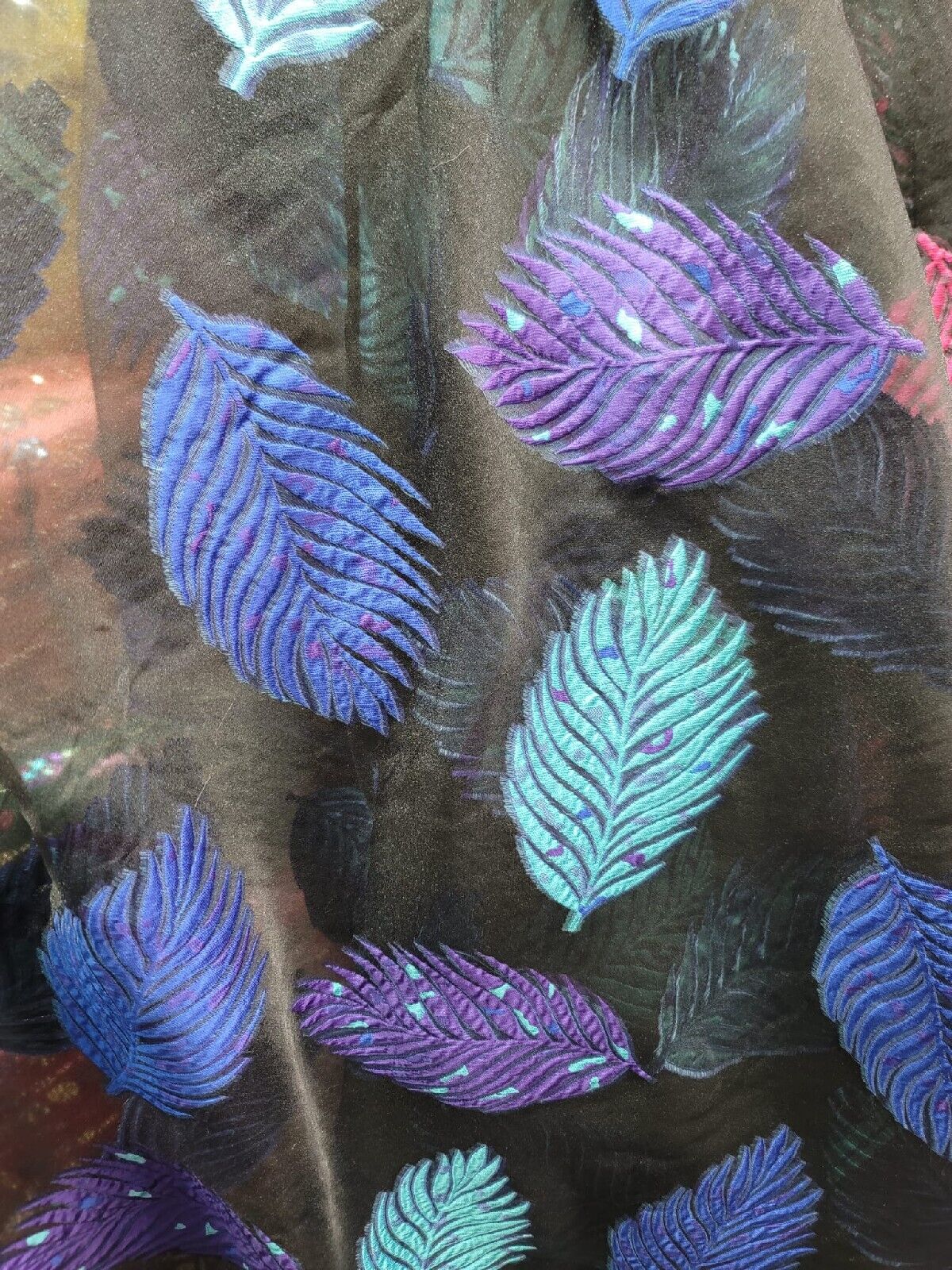 Leaves Purple Aqua Blue On Black Organza Brocade Fabric - Sold by the Yard - 57"