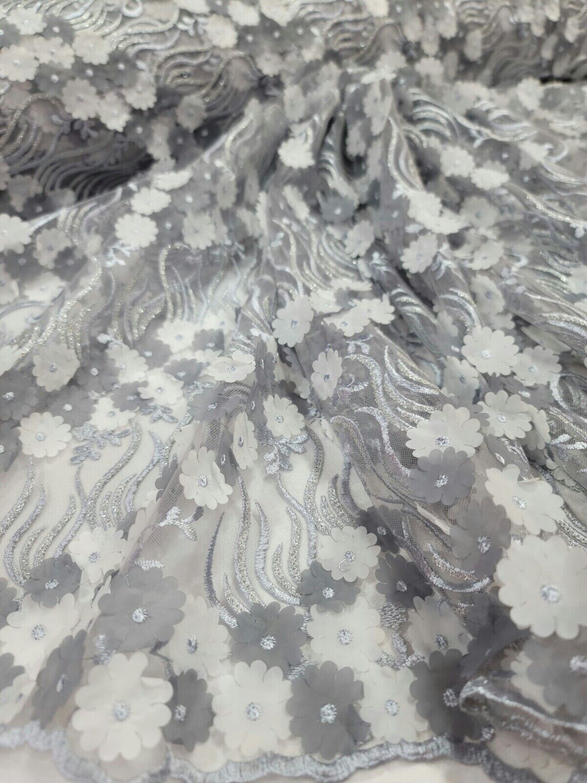 3D Floral Flowers Lace Gray  Embroidery Sequin Fabric - Sold by the Yard