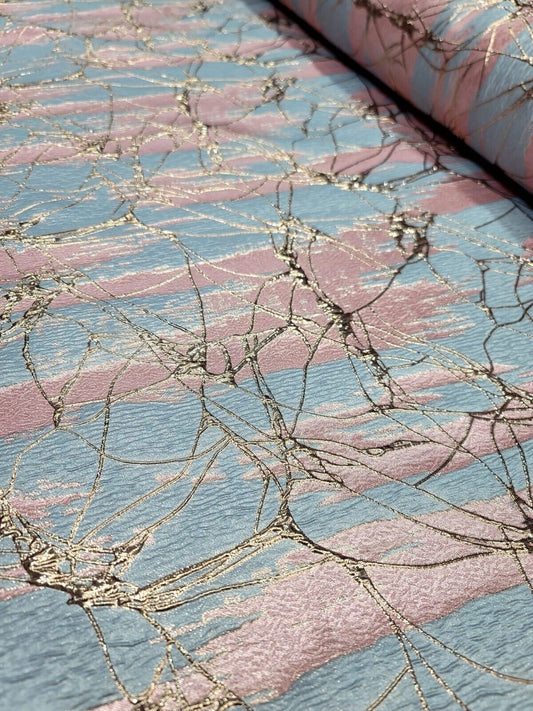 Pink Brocade Jacquard Fabric - Sold By The Yard - Sky Blue Metallic Rose Gold Fashion (60” Width)
