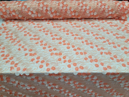 3D Floral Flowers Lace Coral Embroidery Sequin Fabric - Sold by the Yard