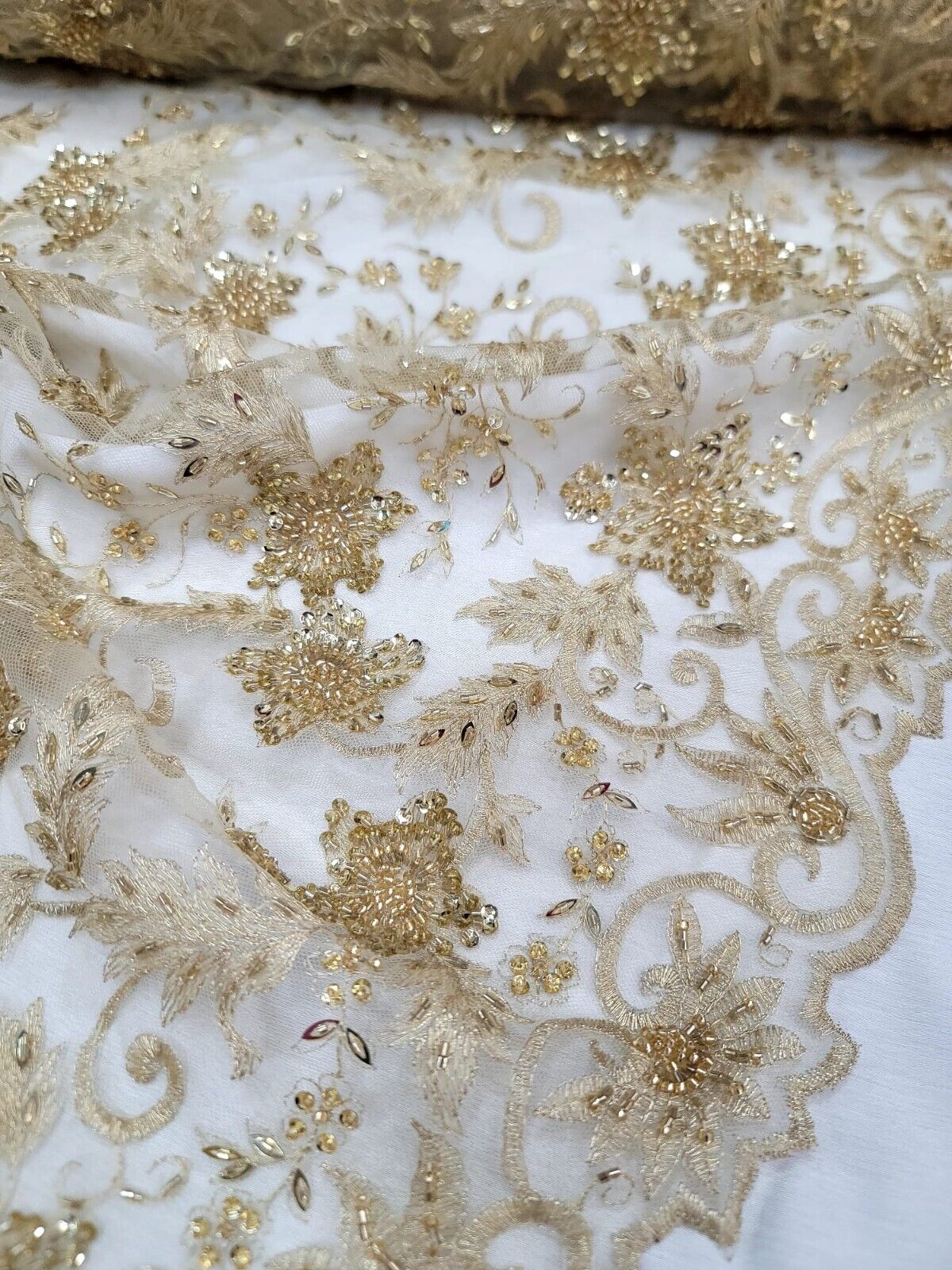 Gold Beaded Sequins Embroidery Bridal Lace Fabric Sold By The Yard Floral Lace