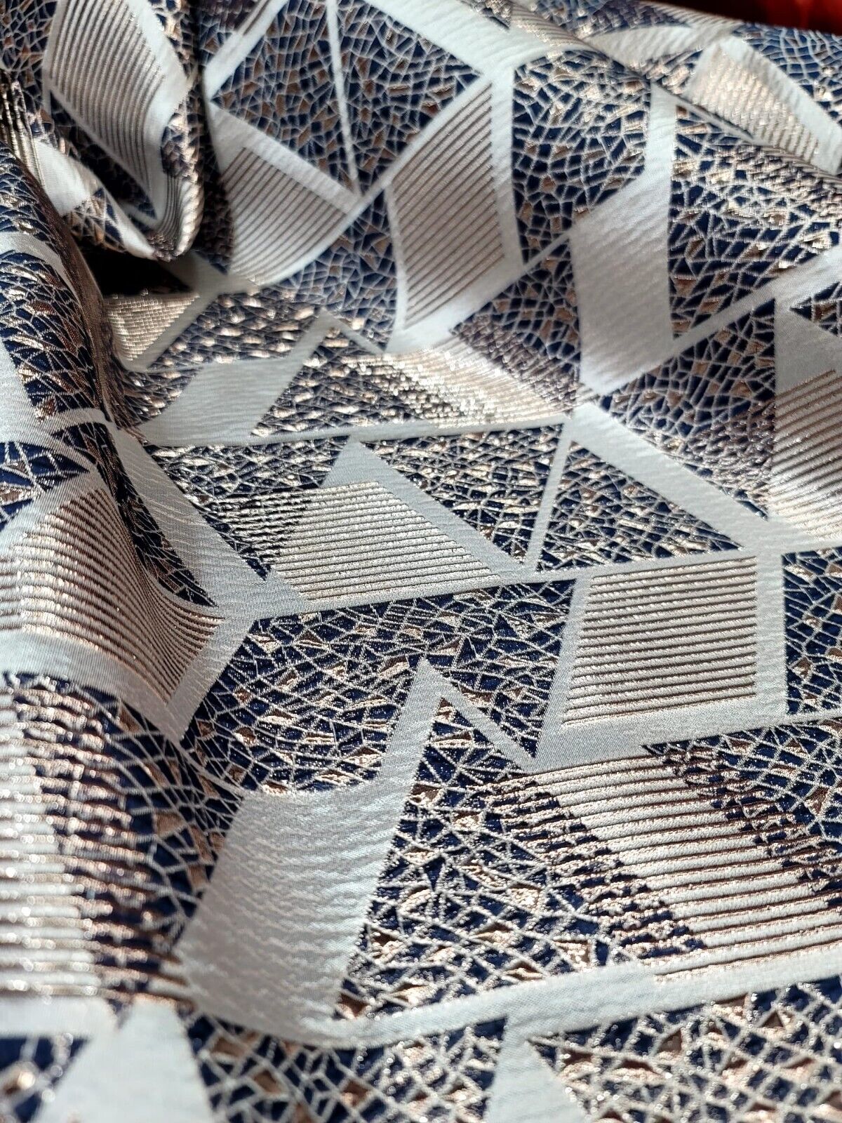 Navy Blue and Gold Metallic Geometric Triangle Brocade Fabric - Sold by Yard - Perfect for Fashion, Upholstery, and Elegant Creations