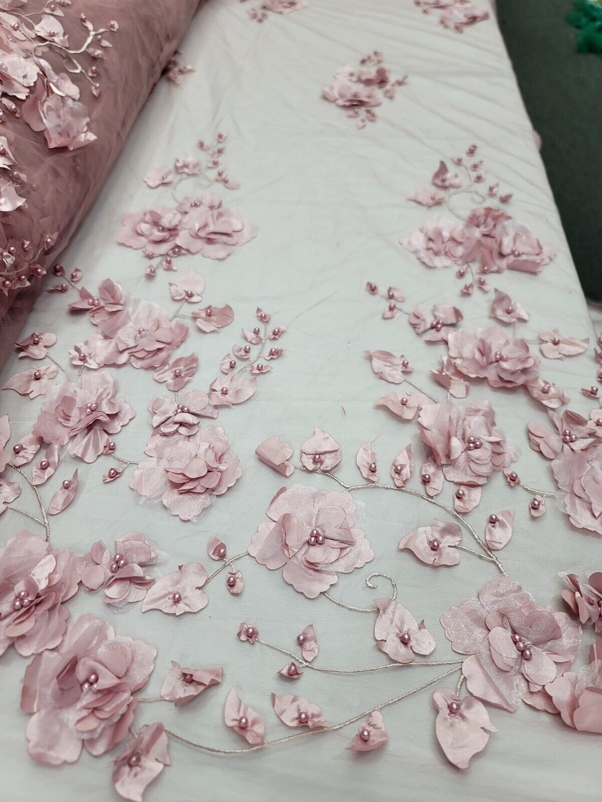 3D Rose Plant Lace Dusty Rose Embroidered Flower Design Rose Fabric by Yard PROM