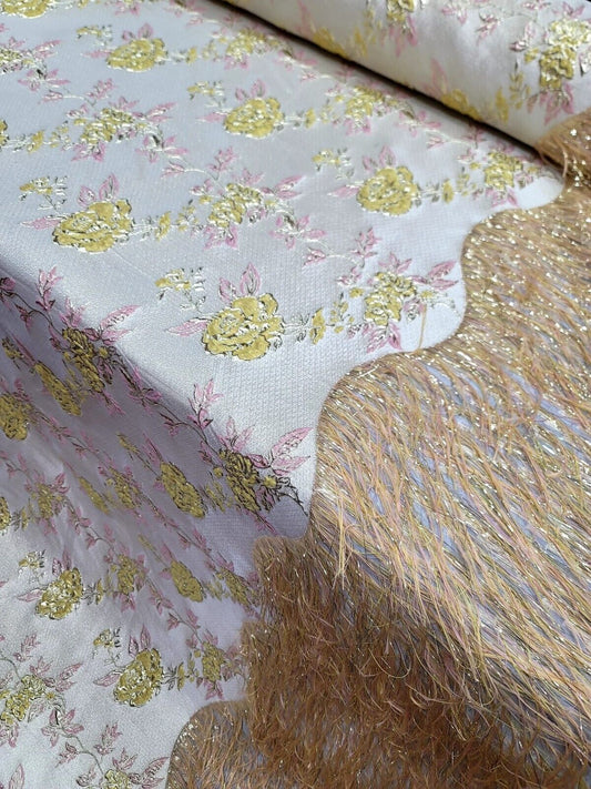 Yellow Pink Gold Metallic Brocade Eyelash Prom Fabric by the Yard