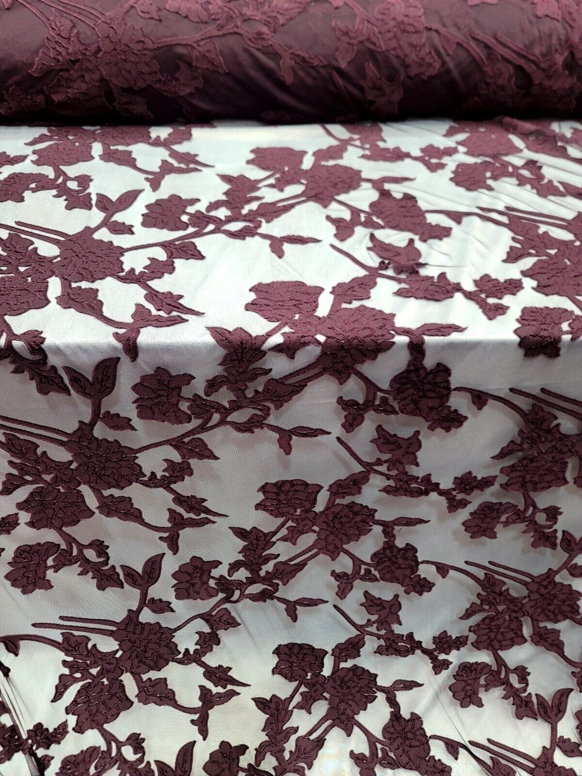 Eggplant Floral Lace Stretch Flower Mesh Prom Fabric - Sold by the Yard