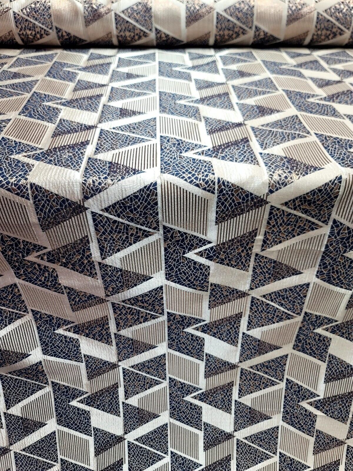 Navy Blue and Gold Metallic Geometric Triangle Brocade Fabric - Sold by Yard - Perfect for Fashion, Upholstery, and Elegant Creations