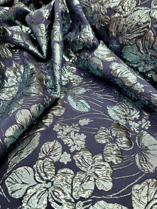 Metallic Blue Floral On Navy Blue Brocade Fabric 60" W Sold By The Yard Dress Pr