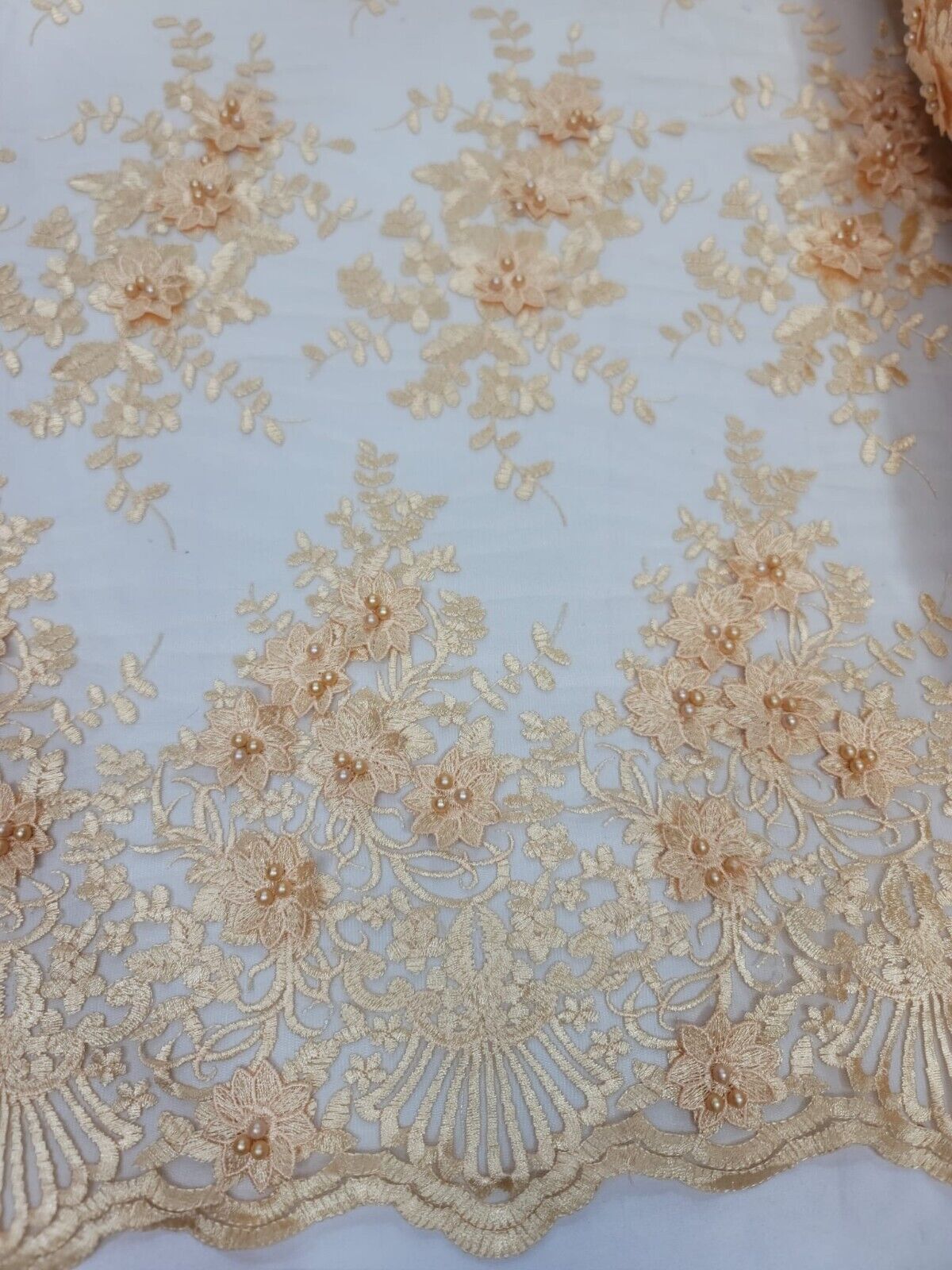 Pale Yellow Beaded Lace 3D Floral Flowers Fabric - Sold By The Yard - Ideal for Gown and Quinceañera Dresses (52” Width)