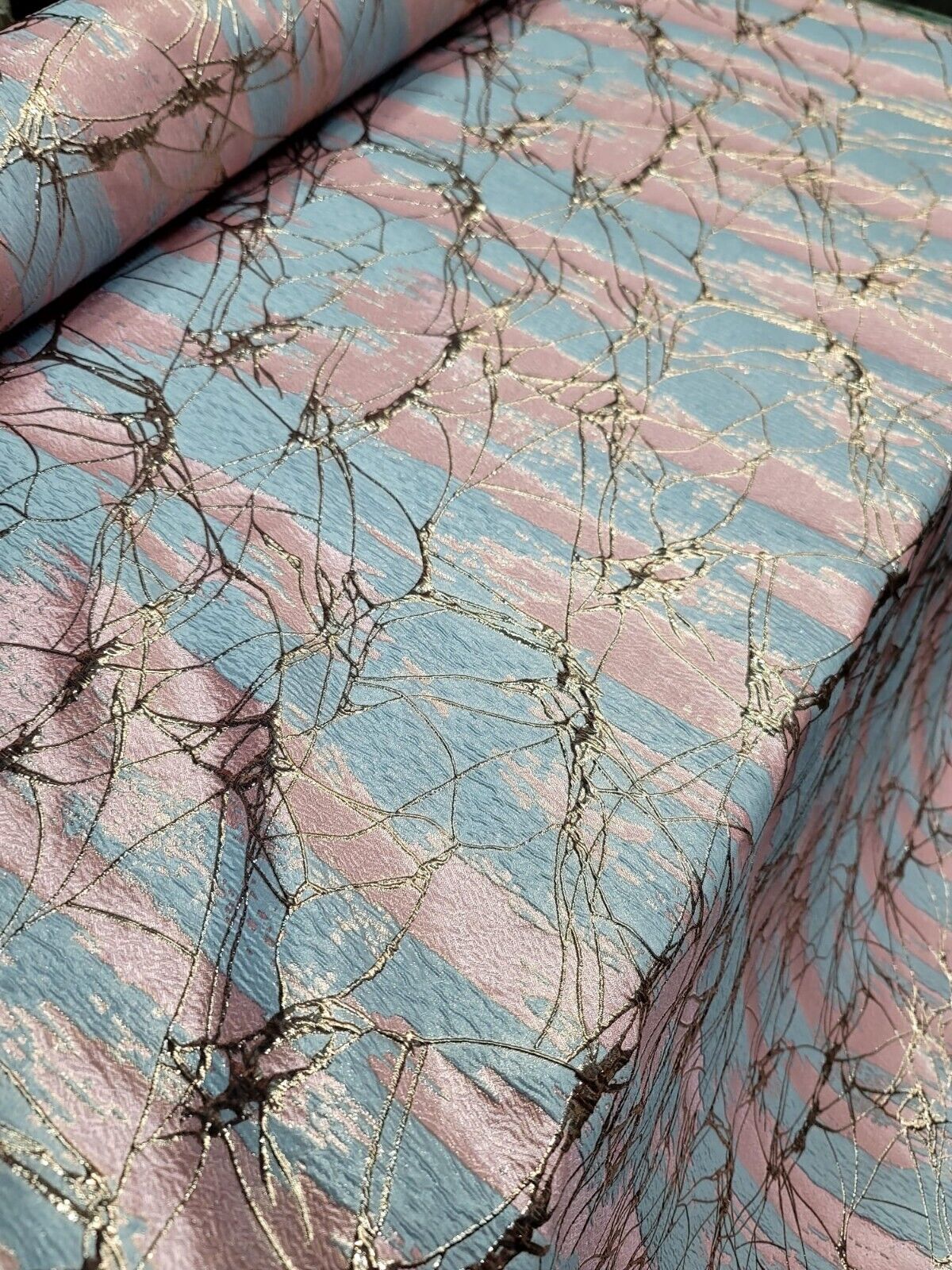 Pink Brocade Jacquard Fabric - Sold By The Yard - Sky Blue Metallic Rose Gold Fashion (60” Width)