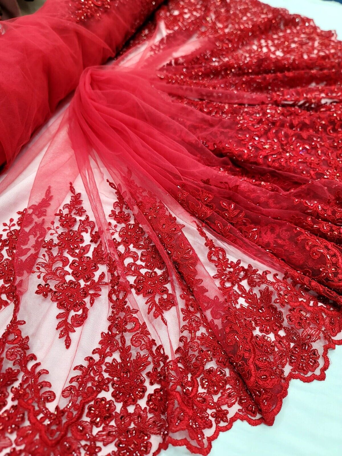 Red BEADED LACE FABRIC Sold By The Yard DOUBLE SCALLOPED EDGES SEQUINS PROM