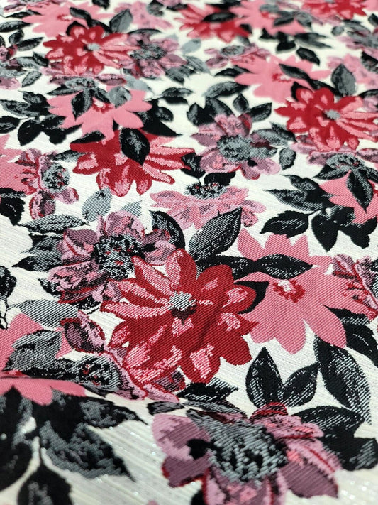 Pink Red Floral Chenille Upholstery Brocade Fabric - 56" Width - Sold by the Yard - Gray Leaves
