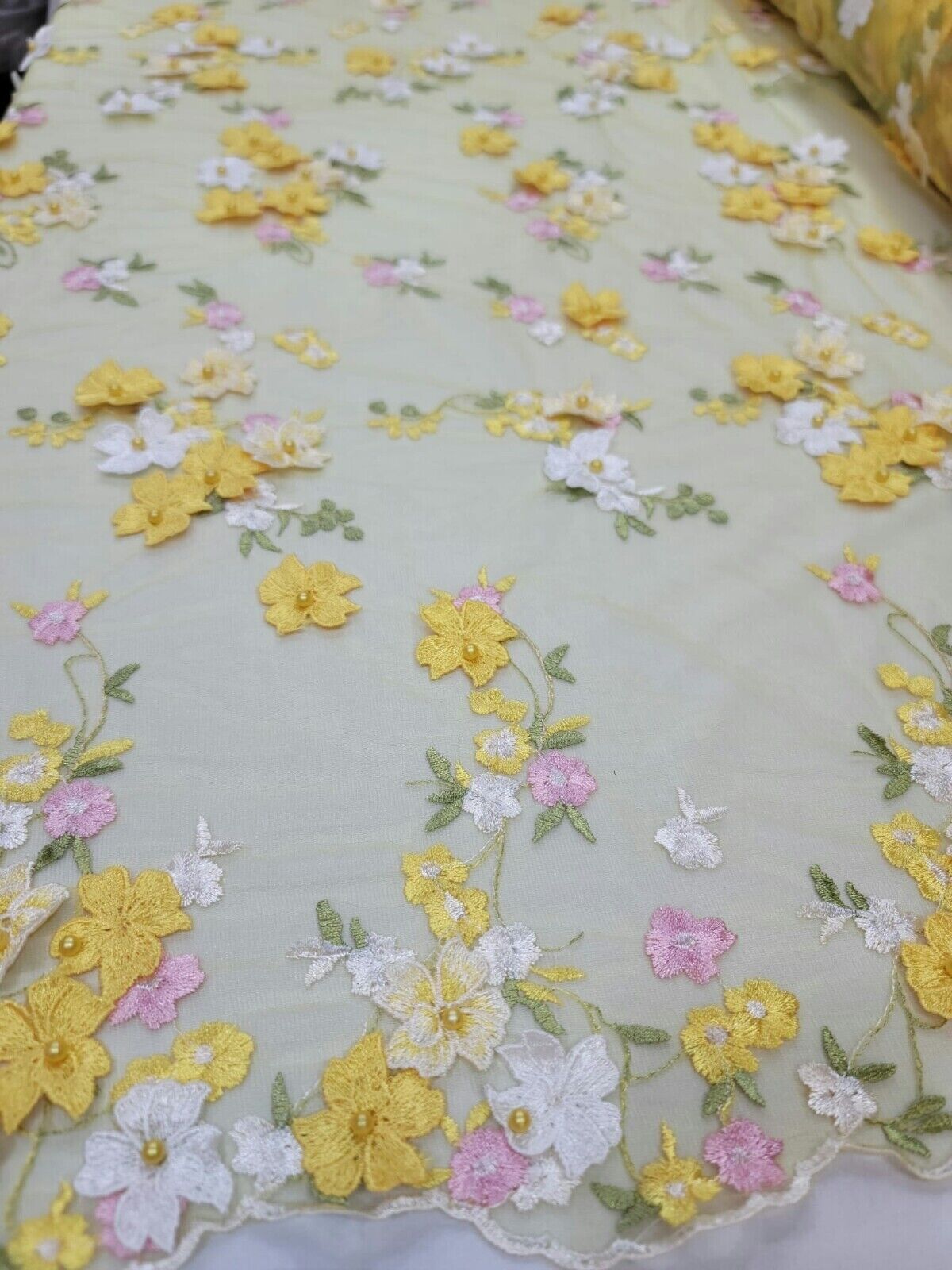 Yellow Lace 3D Floral Flowers Pink Embroidery Fabric - Sold By The Yard - Perfect for Quinceañera Dresses
