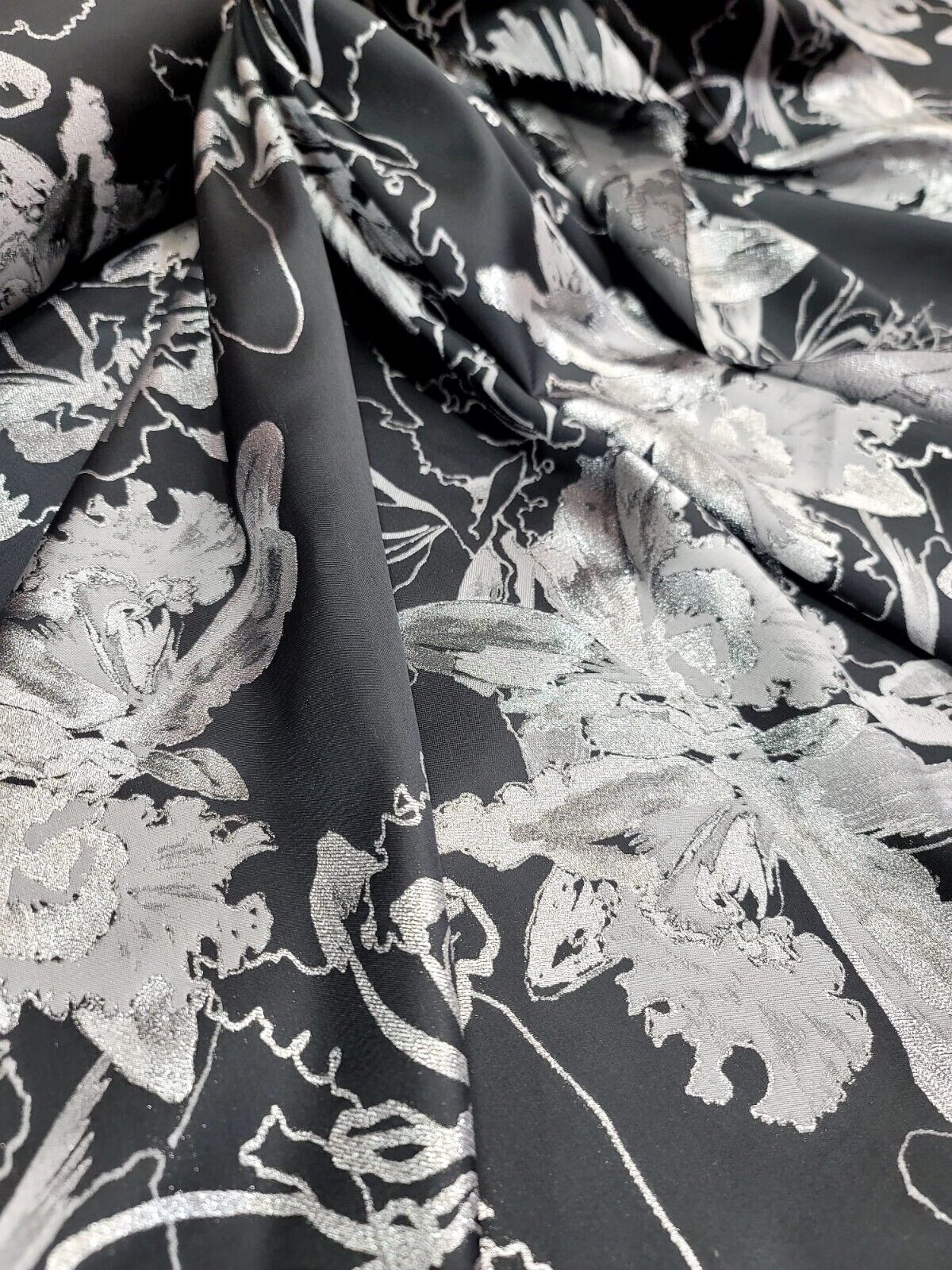 Silver Floral Black Brocade Fabric - 60" Width - Sold by the Yard