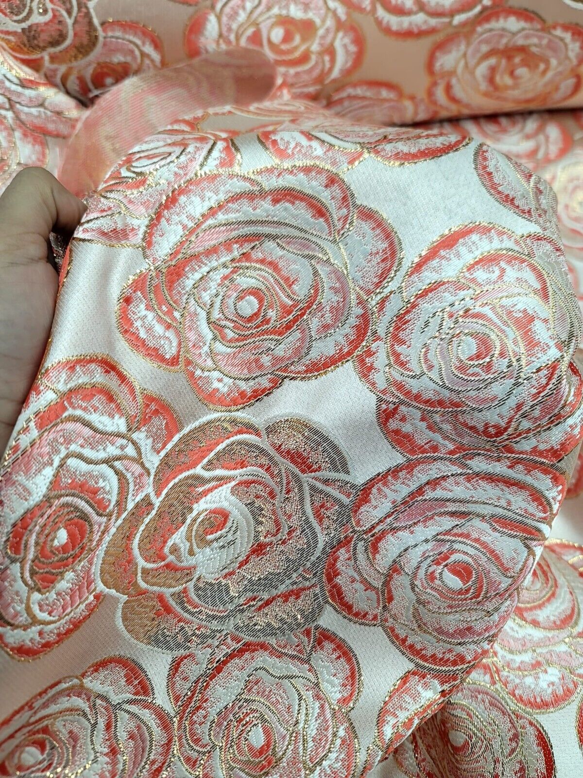 CORAL FLORAL BROCADE FABRIC SOLD BY THE YARD ACCENT GOLD FOR DRESS UPHOLSTERY