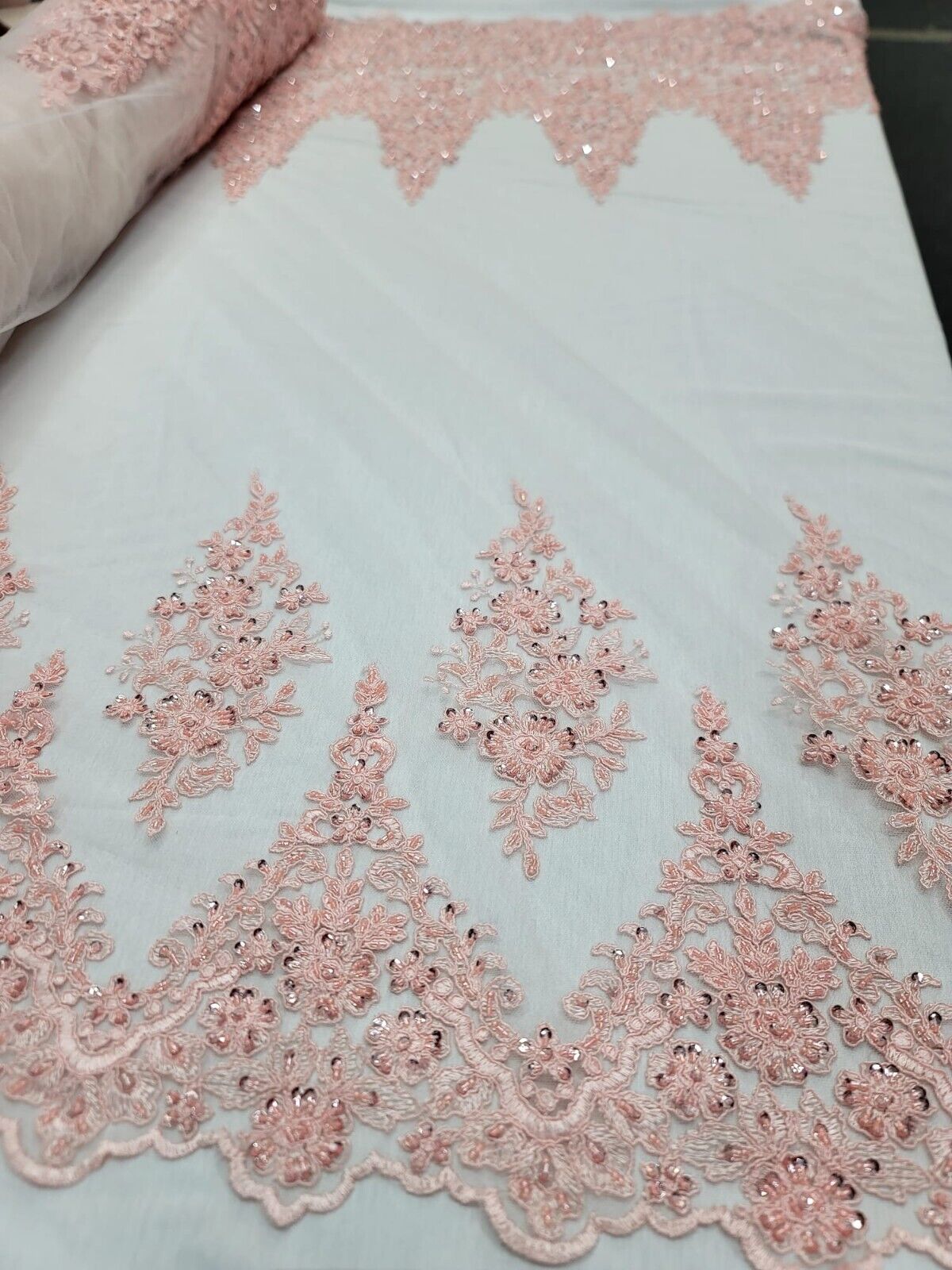 Blush pink sequins Embroidery Lace Fabric 50” W Sold By The Yard DOUBLE Edge