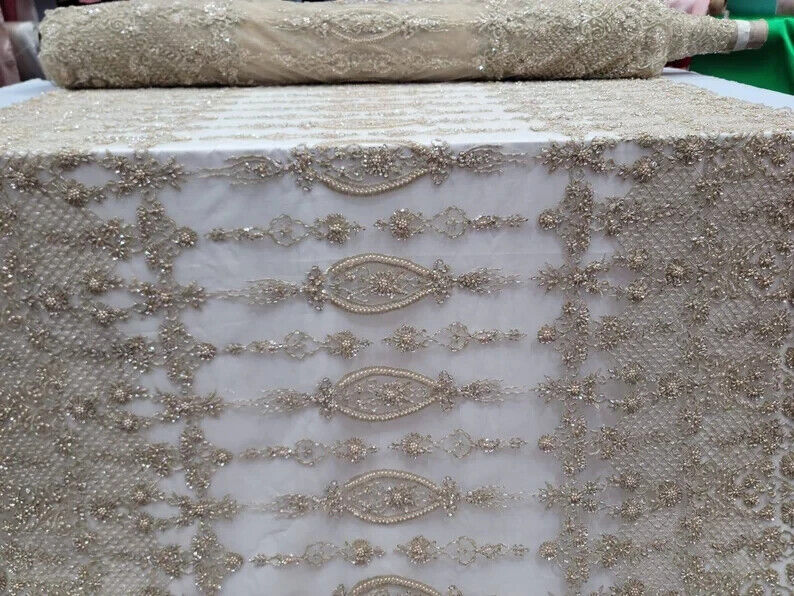 Champagne Beaded Lace Embroidery Floral Fabric - Sold by the Yard - Perfect for Prom Gowns and Quinceañera Attire