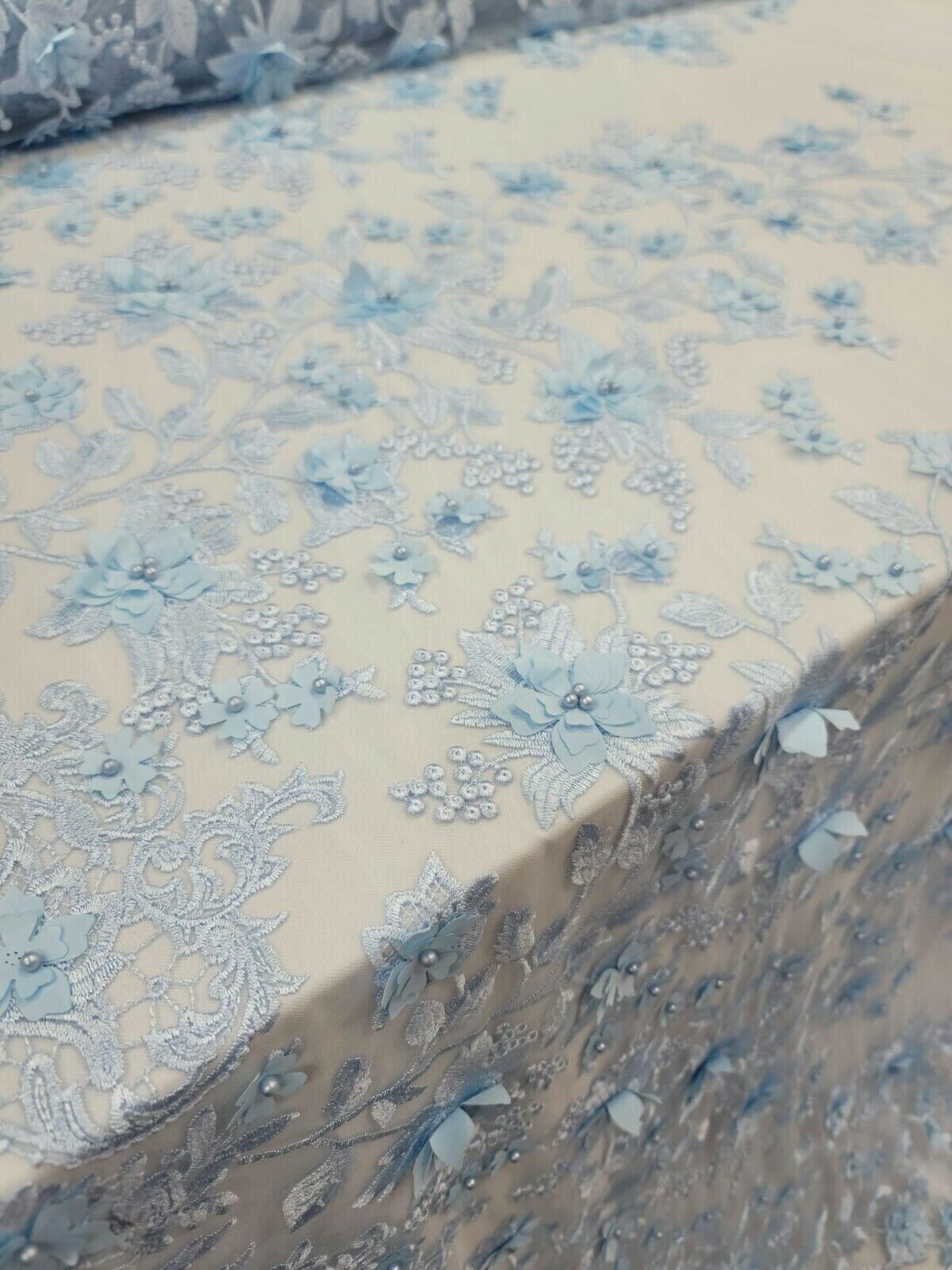 Sky Blue Lace 3D Floral Flowers Prom Fabric - Sold by the Yard for Quinceañera Bridal