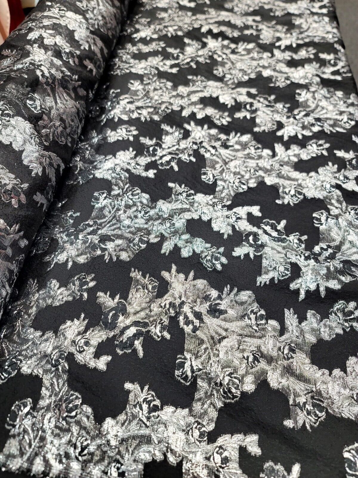 Black Organza Brocade Silver Floral Fabric Sold by the Yard Gown Quinceañera