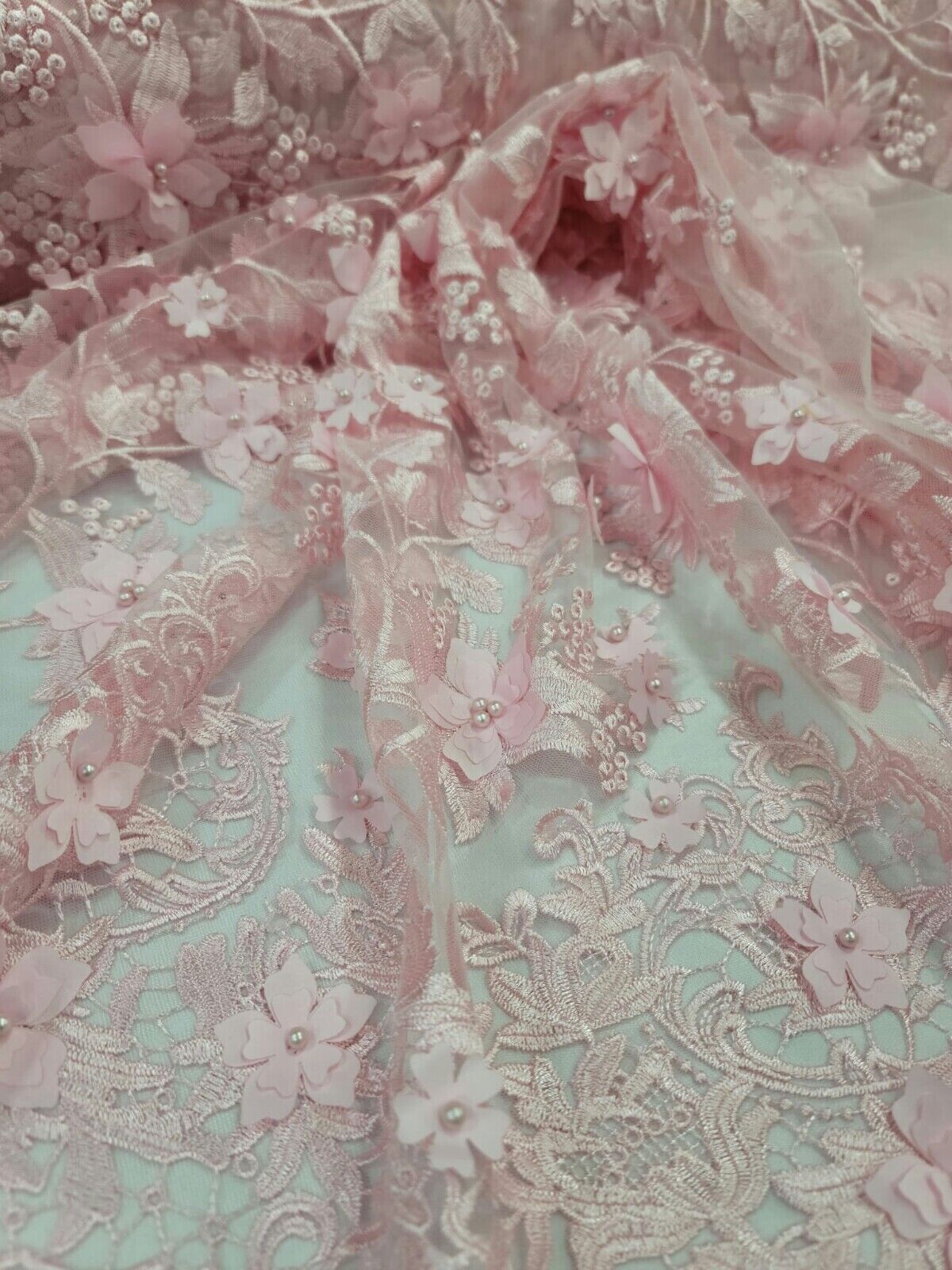 Pink Lace 3D Floral Flowers Prom Fabric - Sold by the Yard for Quinceañera Bridal