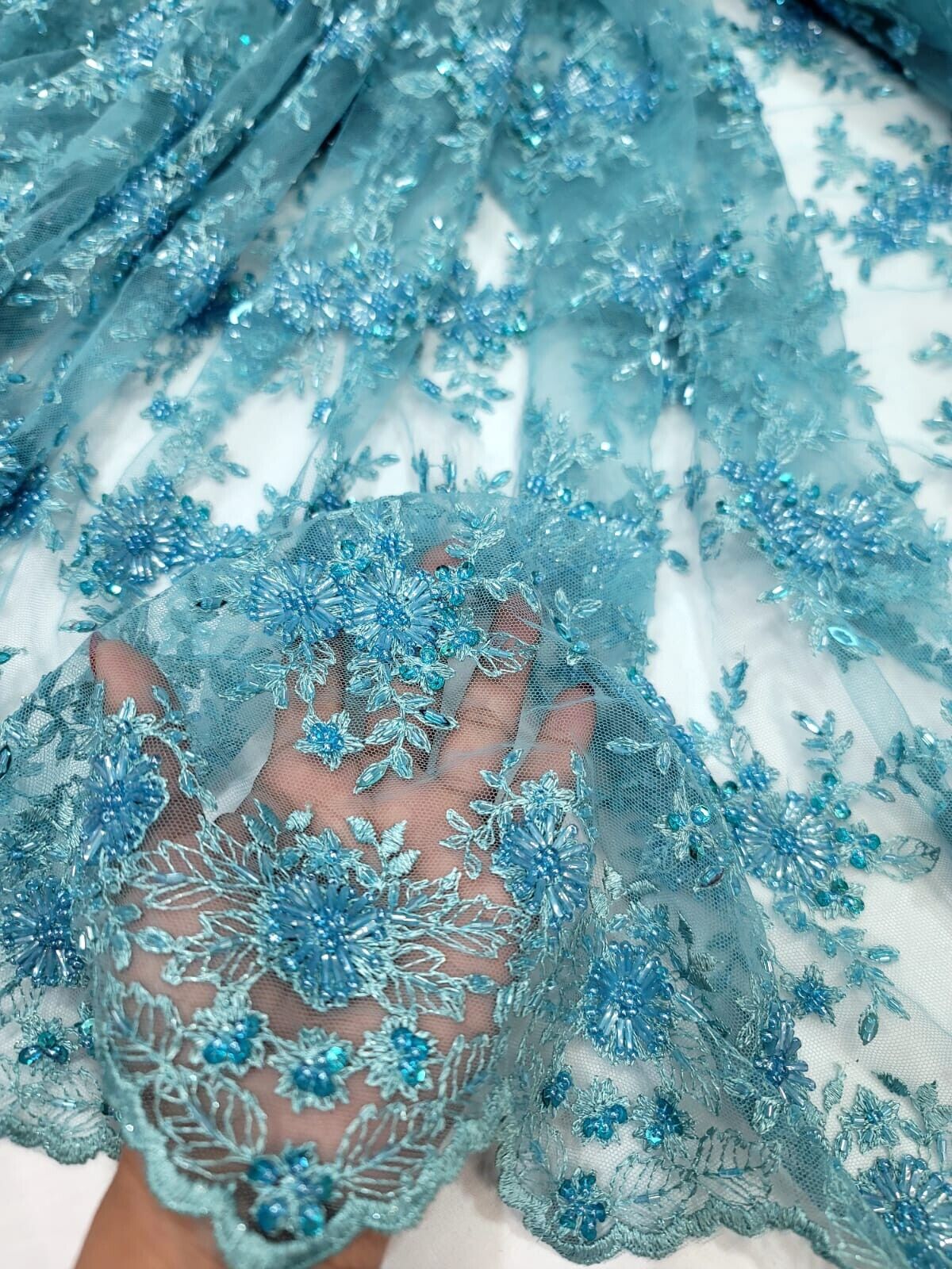 Beaded Lace Fabric By The Yard Embroidered Mesh Bridal Wedding Dress Turquoise