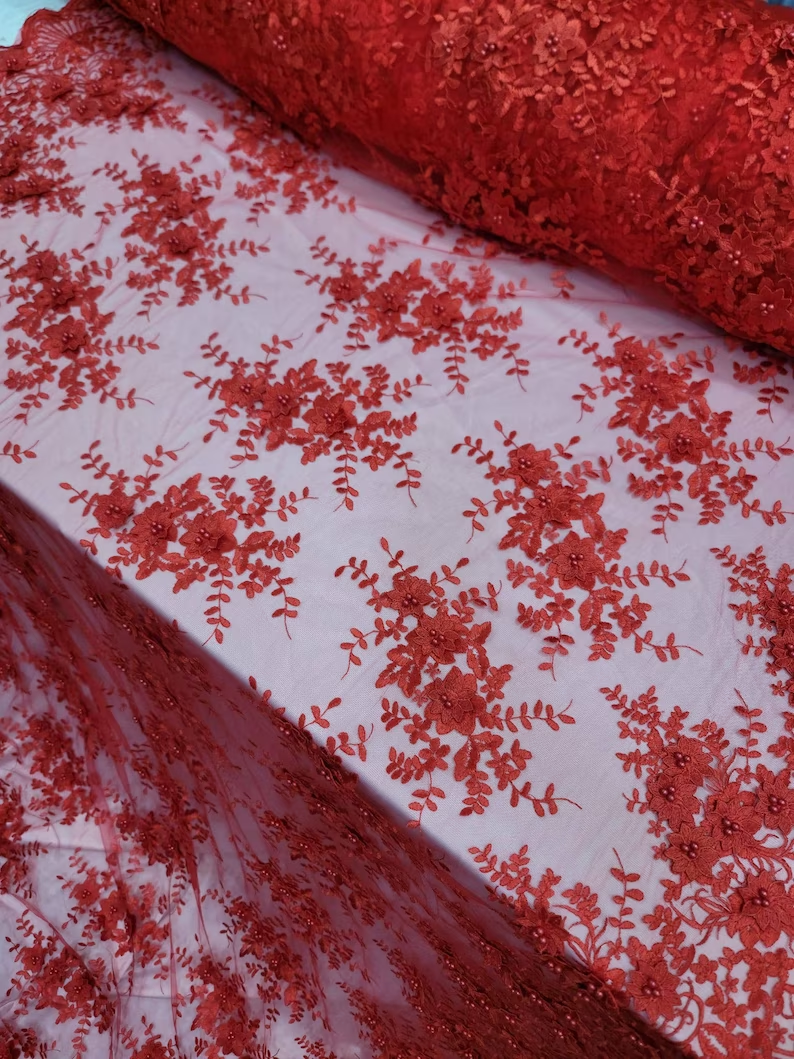 Red 3D Flower Lace Embroidery Lace Fabric - Sold by the Yard