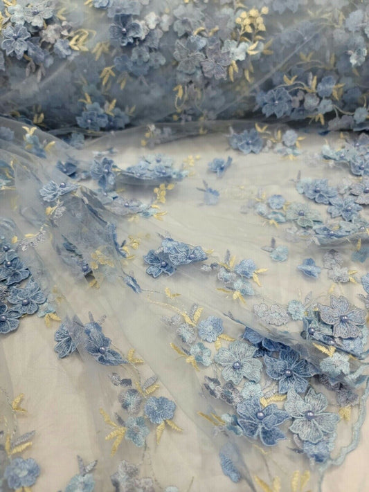 Sky Blue and Light Yellow 3D Floral Flowers Lace on Mesh - Sold by Yard - Perfect for Quinceañera Dresses, Bridal Gowns, Prom Dresses, and Elegantly Designed Creations