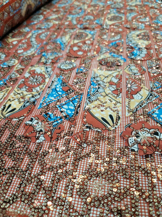 Copper Embroidery Lace with Sequins on Fishnet Fabric - Sold by the Yard - African Lace Cotton