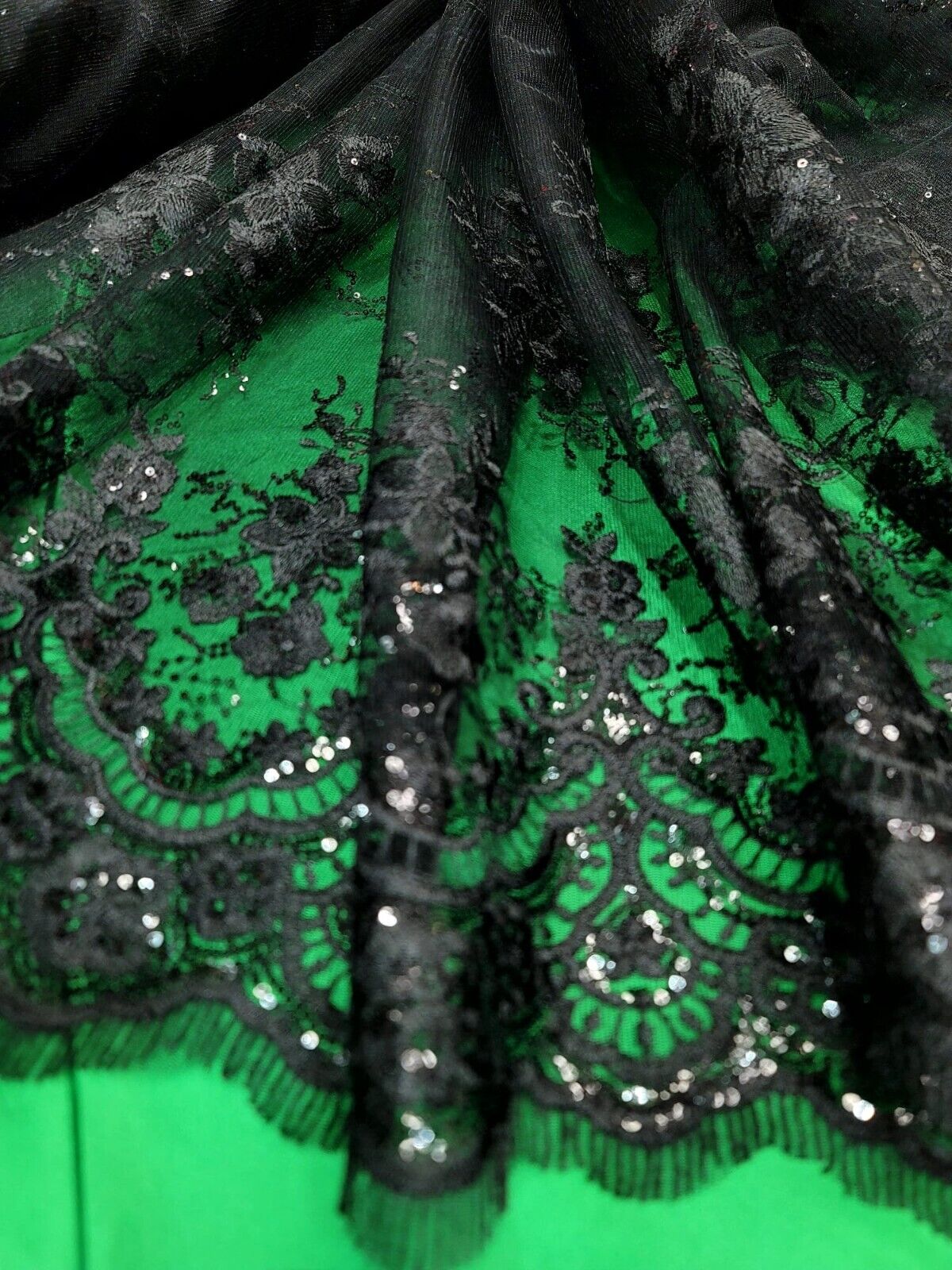 Black Lace Fabric Embroidery Sequins Scalloped Fabric Sold By The Yard Quinceañe