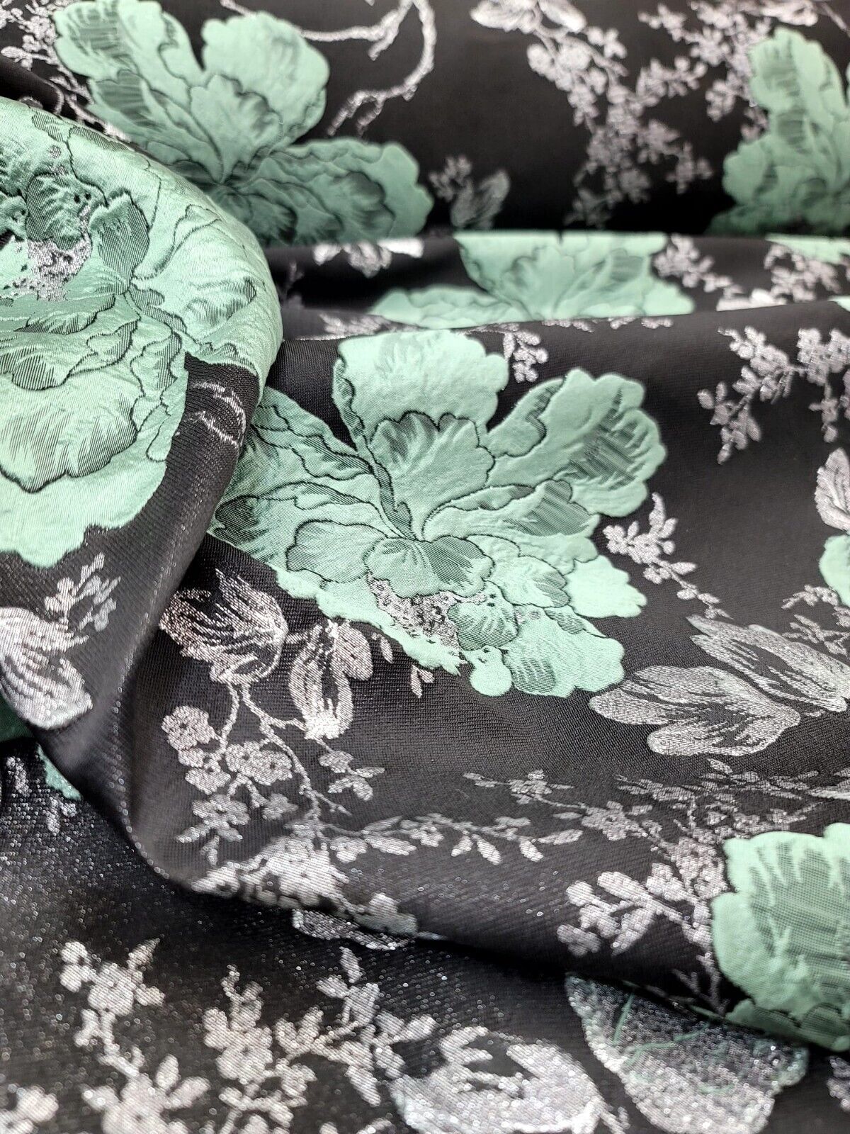 Sage Green Silver Black Damask Jacquard Brocade Floral Fabric - 60" Width