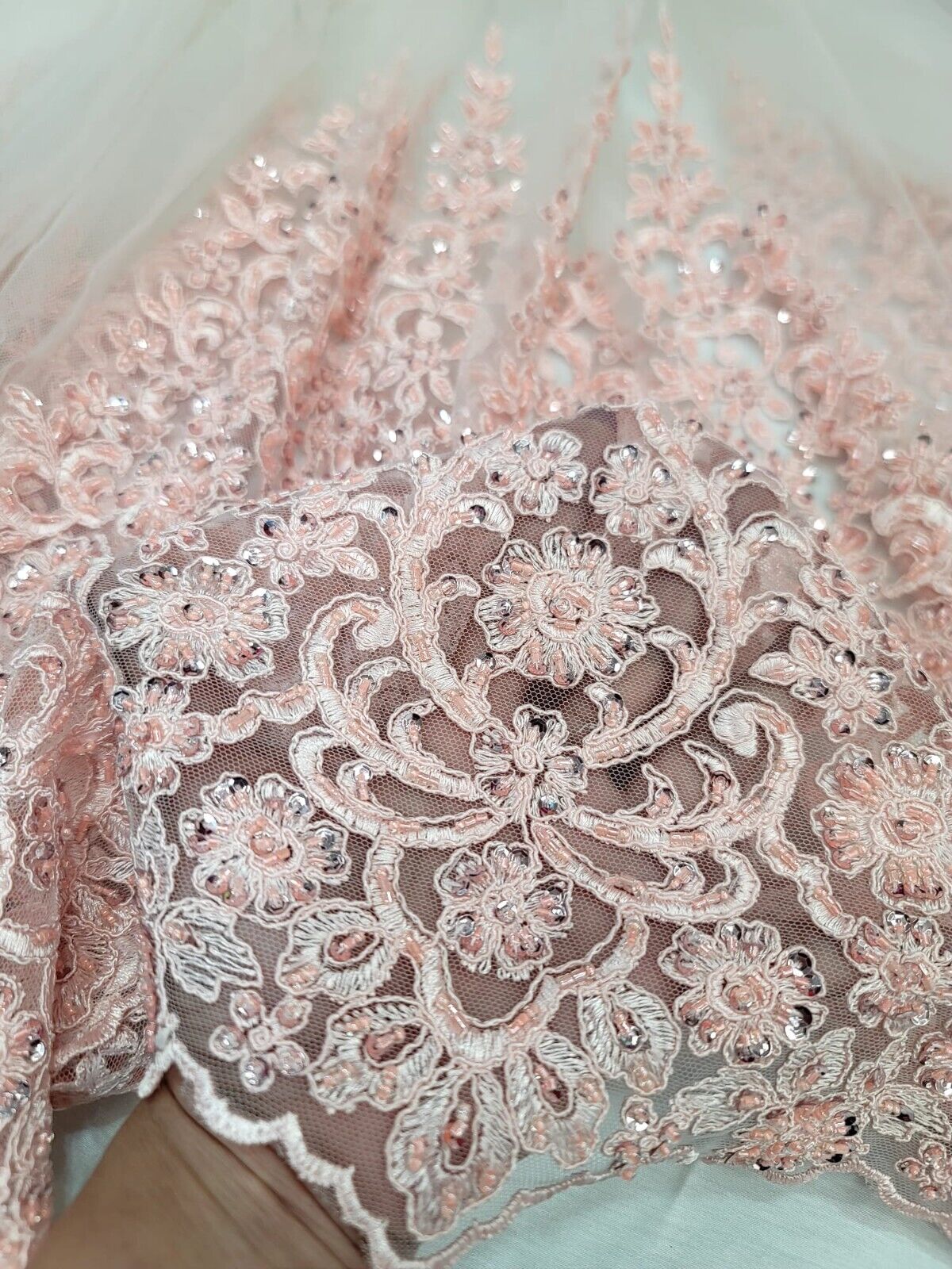 Blush pink sequins Embroidery Lace Fabric 50” W Sold By The Yard DOUBLE Edge