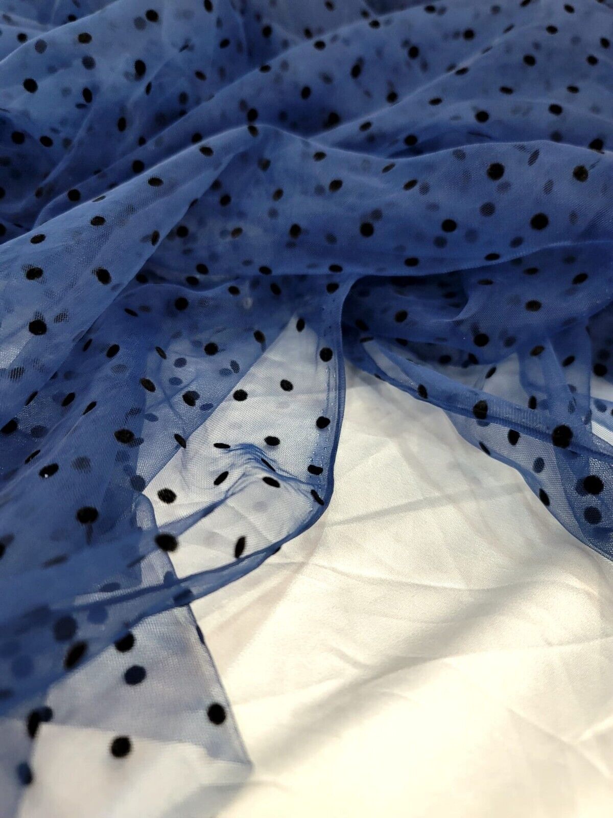 Navy Blue Tulle Mesh Fabric Sold By The Yard Black Velvet Polka-dot For Dress