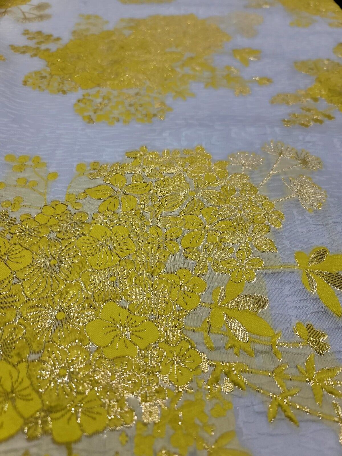 Yellow Floral Brocade Fabric on White Organza - Sold by Yard - Perfect for Prom Dresses, Gowns, and Elegant Creations