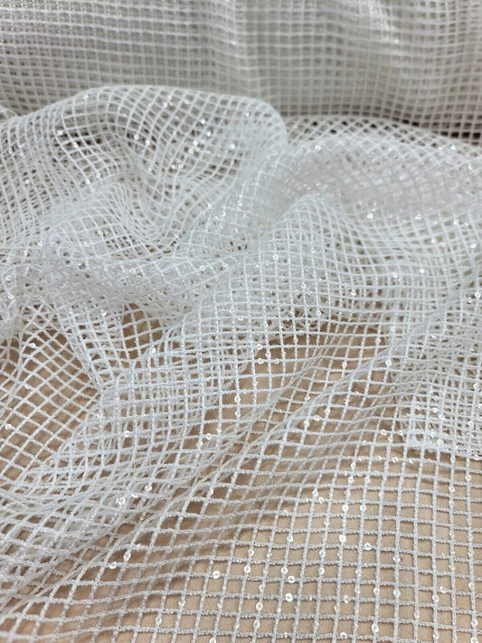Off White Fishnet Sequins Fabric By The Yard - Elegant Embroidered Wedding Fabric