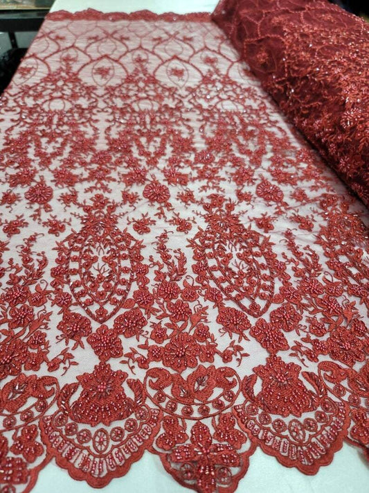 Beaded Lace Fabric Floral Flowers Burgundy Embroidery Mesh - Sold by the Yard for Prom
