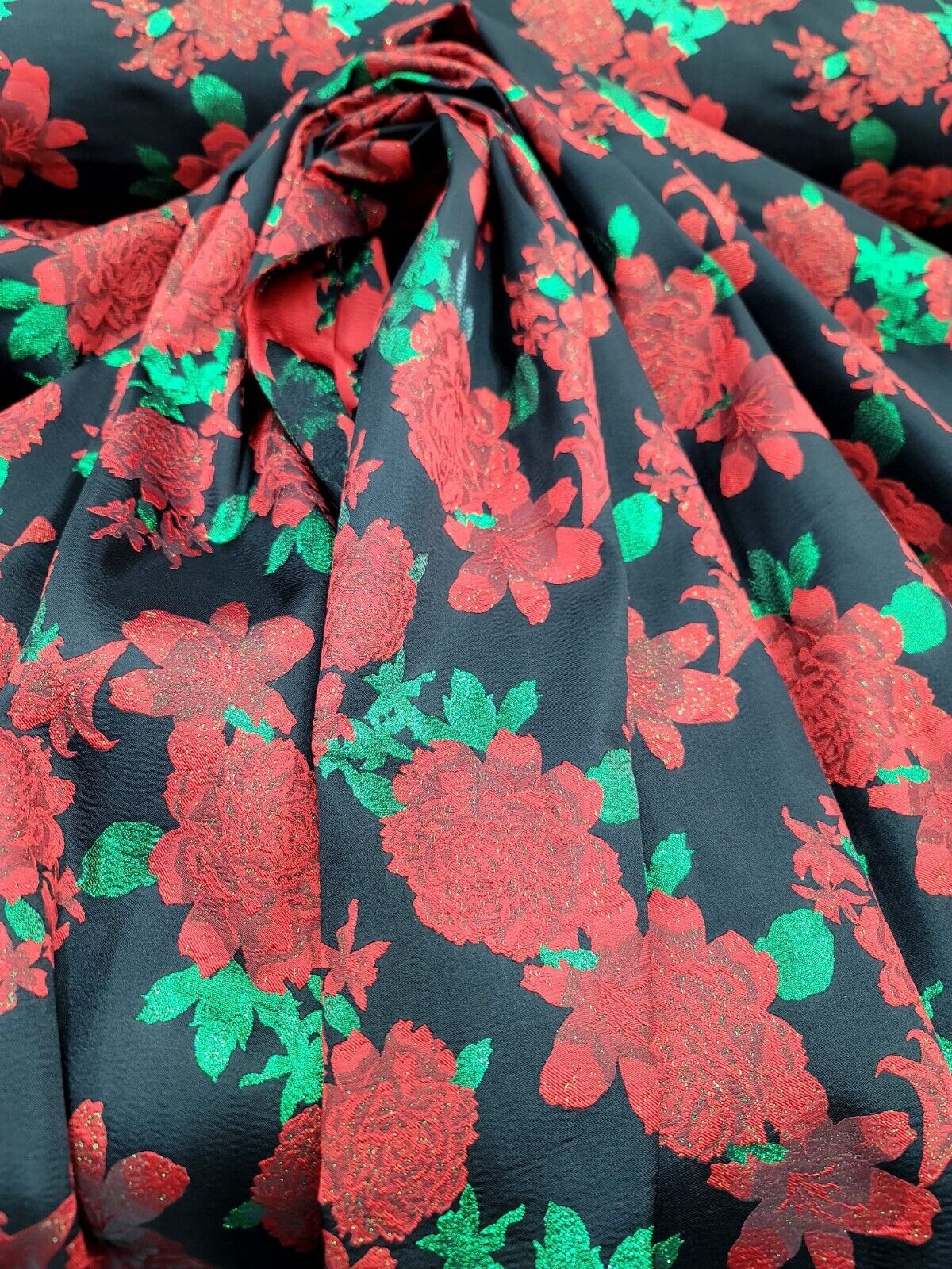 Red Floral Green Leaves Brocade Fabric - Sold By The Yard - Black Background Dress (60” Width)