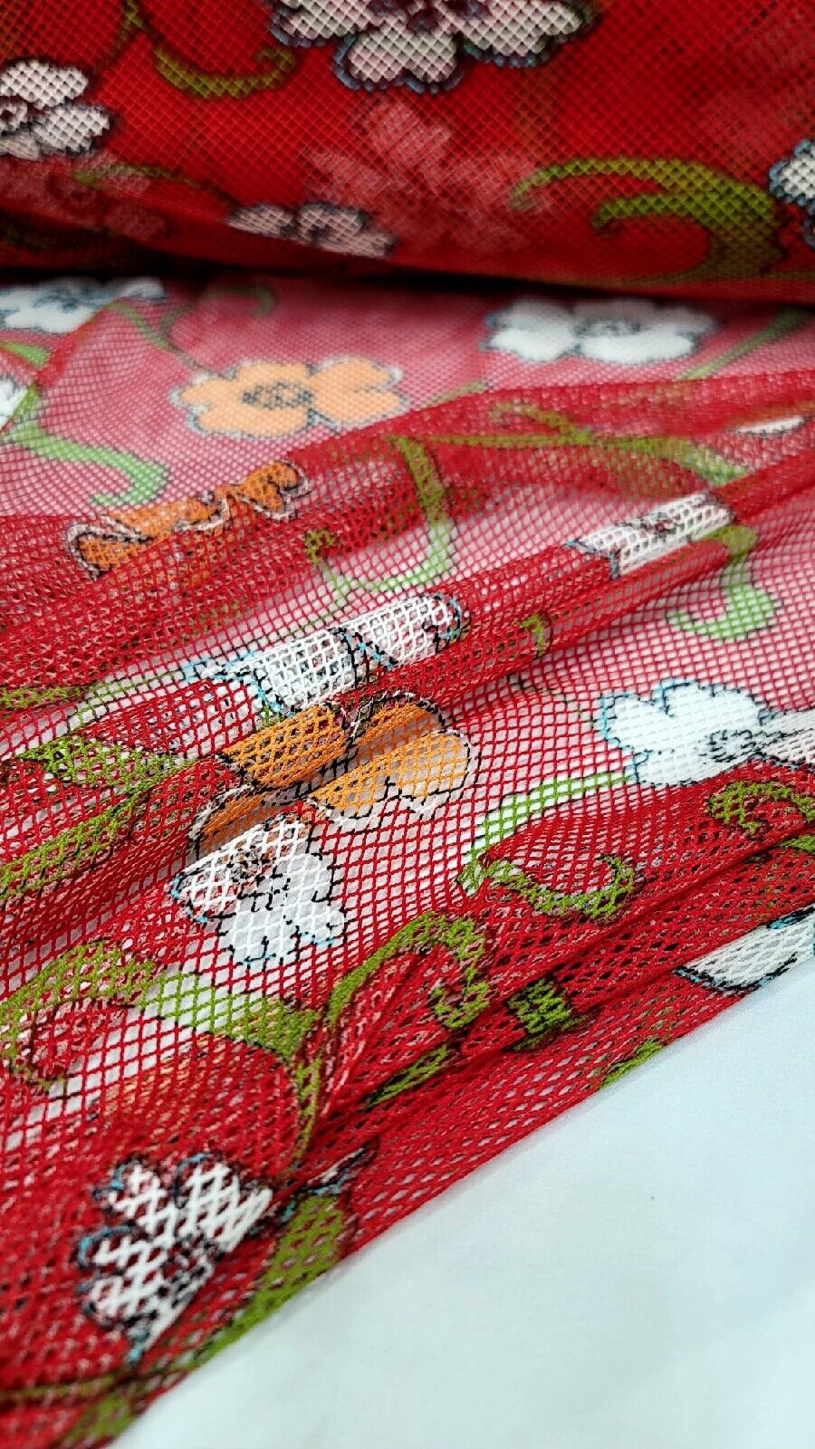 Fish Net Red Floral Flowers Fabric - Sold By The Yard - Fashion Fabric (54” Width)