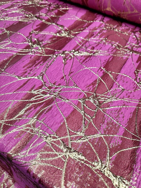 Fuchsia Red Rose and Gold Metallic Brocade Fabric - Sold by Yard - Perfect for Fashion, Upholstery, and Elegant Creations