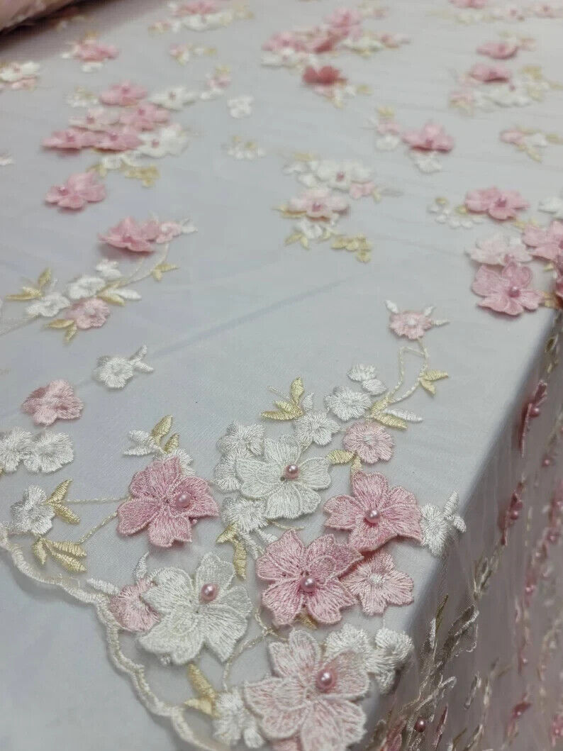 White Pink and Blush 3D Floral Flowers Lace on Mesh - Sold by Yard - Perfect for Quinceañera Dresses, Bridal Gowns, Prom Dresses, and Elegantly Designed Creations