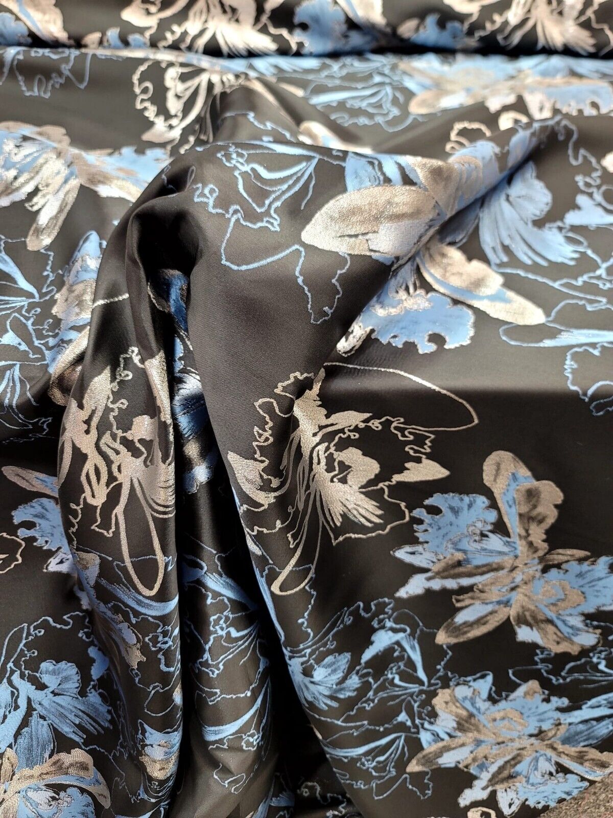 Metallic Silver, Blue Floral On Black Brocade Fabric - 60" Width