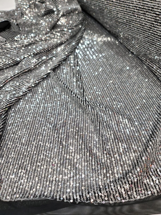 Silver Sequin Fabric on Black Stretch Mesh - 3MM Glitz Mini Sequins - Sold by the Yard
