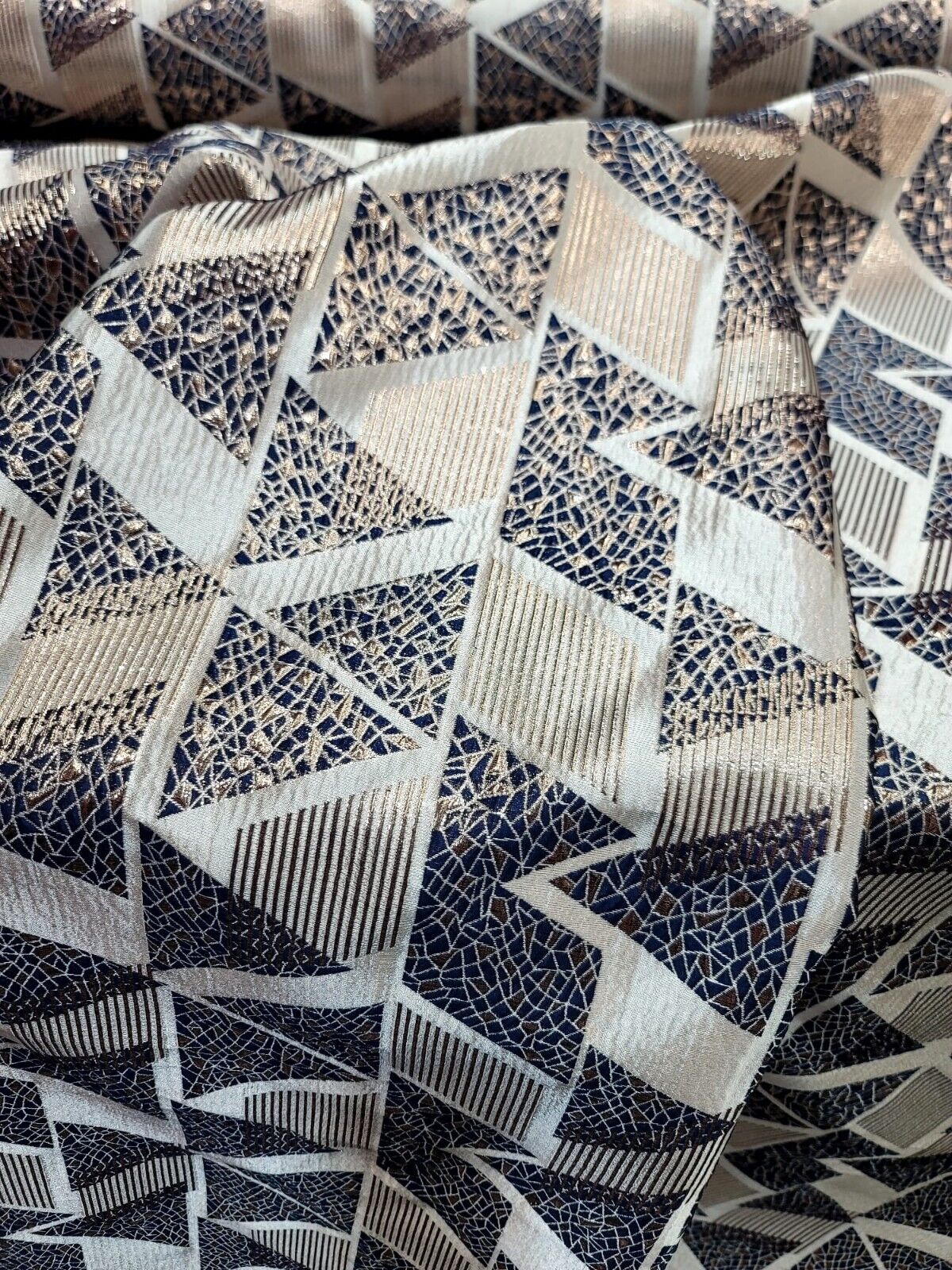 Navy Blue and Gold Metallic Geometric Triangle Brocade Fabric - Sold by Yard - Perfect for Fashion, Upholstery, and Elegant Creations